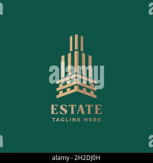 Modèle de symbole, de symbole ou de logo de vecteur de géométrie abstraite de l'immobilier.Concept Premium City Tower Label.Emblème minimaliste.Arrière-plan vert Illustration de Vecteur