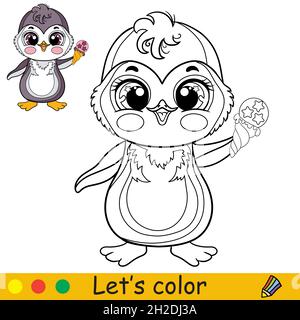 Le pingouin mignon et heureux contient une crème glacée.Page de livre de coloriage avec modèle coloré pour les enfants.Illustration vectorielle isolée.Pour l'impression, le jeu, Illustration de Vecteur