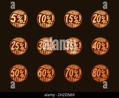 Ensemble d'icônes de soldes d'automne.Ballons jaune-orange avec 5, 10, 15, 20, 25,30, 35, 40, 50, 60,affiches de réduction de 70 et 80 %.Réduction d'automne festive, s Banque D'Images