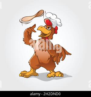 Personnage de dessin animé du chef de poulet qui rame une pizza de pâte à l'air.Dessin vectoriel de poulet pour votre mascotte d'affaires. Illustration de Vecteur