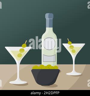 Une bouteille de Martini et deux verres sont sur la table Illustration de Vecteur
