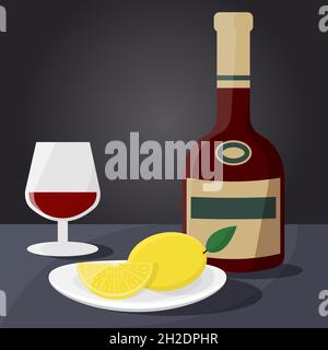 Verre et bouteille avec cognac sur la table Illustration de Vecteur