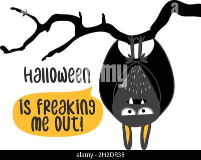 Halloween m'inquiète - chauve-souris à suspendre, surmatelas pour Halloween, étiquettes à lettrage.Badge rétro.Emblème isolé dessiné à la main avec citation.Hall Illustration de Vecteur