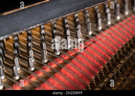 Vue rapprochée des épingles ou des chevilles avec cordes et feutre rouge à l'intérieur d'un piano à queue plus ancien, partie de l'instrument de musique acoustique, mise au point sélectionnée, étroite d Banque D'Images