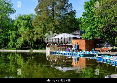 Paysage vert vif avec de vieux grands tilleuls et de petits bateaux près du lac dans le jardin de Cismigiu (Gradina Cismigiu), un parc public dans la ville cente Banque D'Images