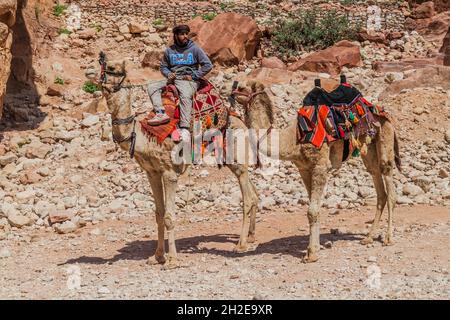 PETRA, JORDANIE - 24 MARS 2017 : homme local avec chameaux dans la ville antique de Petra, Jordanie Banque D'Images