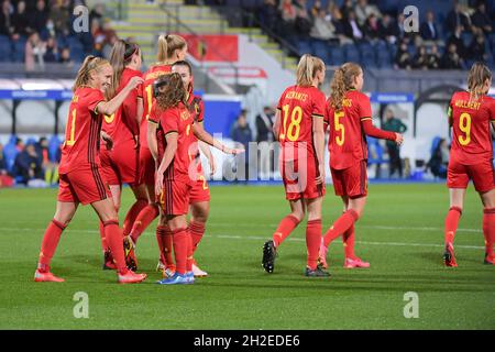 Louvain, Belgique.21 octobre 2021.King Power Stadium - Den Dreef Janice Cayman (11) de Belgique en photo pour célébrer son but lors d'un match de football féminin entre les équipes nationales de Belgique, appelé les flammes rouges et le Kosovo dans le troisième match dans la qualification pour la coupe du monde des femmes de la FIFA dans le groupe F,Jeudi 21 octobre 2021 à Bruxelles, Belgique .PHOTO SPORTPIX | STIJN AUDOOREN FOOTBALL FEMMES BELGIQUE VS KOSOVO STIJN AUDOOREN CRÉDIT: SPP SPORT PRESS PHOTO./Alamy Live News Banque D'Images