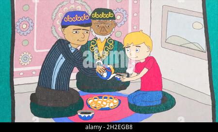 Animation de la caricature vieux et jeune garçon de différentes races boire un thé dans une pièce avec un tapis persan.Communication interculturelle Banque D'Images