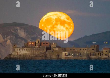 Portland, Dorset, Royaume-Uni.21 octobre 2021.Météo Royaume-Uni.La presque complète Hunter's Moon s'élève de derrière les falaises de la côte jurassique au-dessus du fort historique de Breakwater de Portland du XIXe siècle sur le brise-lames extérieur du port de Portland près de Weymouth dans le Dorset.Le fort aujourd'hui abandonné, également connu sous le nom de fort à damiers, a été construit entre 1868 et 1878 et est classé de catégorie II.Crédit photo : Graham Hunt/Alamy Live News Banque D'Images