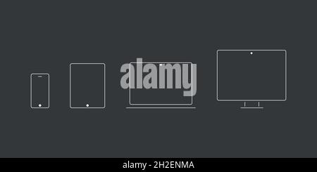 Icônes de l'appareil : smartphone, tablette, ordinateur portable et ordinateur de bureau.Ligne fine.Arrière-plan noir.Illustration vectorielle, conception plate Illustration de Vecteur