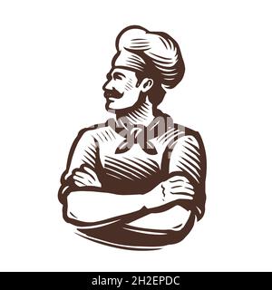 Chef avec logo et emblème du plateau cuisine.Illustration vectorielle d'esquisse vintage Illustration de Vecteur