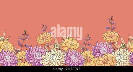 Motif fleuri vectoriel sans couture, bordure.Jaune pâle, aster violet, sauge, pâquerette dorée, chrysanthème,zinnia. Illustration de Vecteur