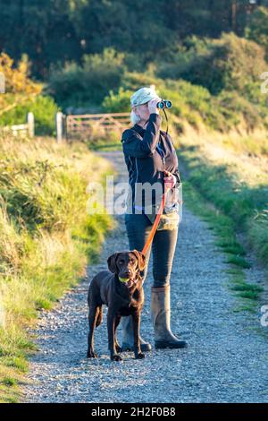 jeune femme chien de marche et observation des oiseaux avec jumelles. chien de marche femelle, birder femelle, observation des oiseaux dame, femme observant les oiseaux à travers binoculaire Banque D'Images