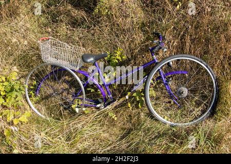 Le vélo endommagé repose dans l'herbe Banque D'Images