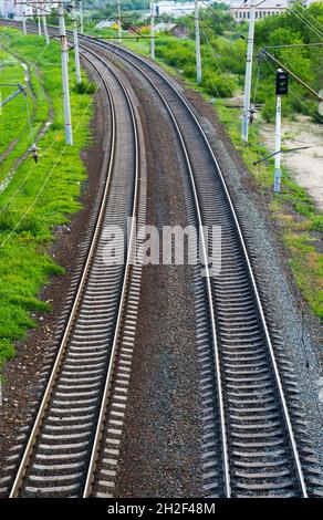 Les voies ferroviaires parallèles reculent dans la distance dans la ville de Volgograd Banque D'Images