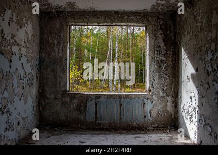 Vue à travers le trou pour une fenêtre dans une maison de panneau abandonnée endommagée. Banque D'Images