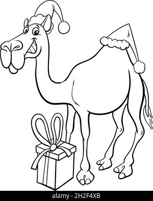 Dessin animé noir et blanc de caractère animal de chameau avec présent sur la page de livre de coloriage de Noël Illustration de Vecteur