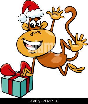 Illustration de personnage animal singe avec cadeau à l'heure de Noël Illustration de Vecteur