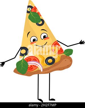 Un adorable personnage de pizza aux émotions joyeuses, au visage souriant, aux yeux, aux bras et aux jambes heureux.Les héros rigolos ou heureux de la nourriture avec les coeurs, les légumes et le fromage tombent amoureux.Illustration vectorielle plate Illustration de Vecteur