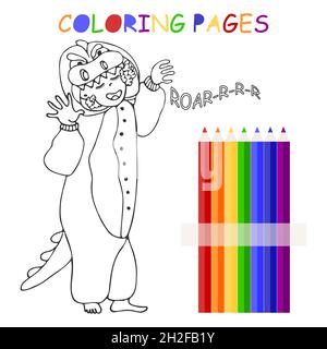 Un enfant dans un costume de dragon dessiné à la main dans le style de doodle.Livre de coloriage vectoriel ou page pour enfants.Bébé mignon en kigurumi pyjama.Dessin animé antistress Illustration de Vecteur