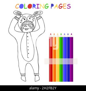 Dessin animé enfant en pyjama kigurumi dessiné à la main dans le style Doodle.Livre de coloriage vectoriel ou page pour enfants.Fête de pyjama.Joli bébé en costume de lapin Illustration de Vecteur