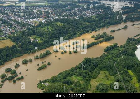 Photographie aérienne, inondation de Ruhr, inondation, Horst, Essen,Région de la Ruhr, Rhénanie-du-Nord-Westphalie, Allemagne, Luftbild, Ruhrhochwasser,Überschwemmung, Horst, E Banque D'Images