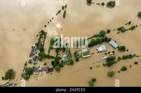 Photographie aérienne, crue de la Ruhr, limites de la ville d'Essen-Altenessen, inondation, Dahlhausen,Bochum, région de la Ruhr, Rhénanie-du-Nord-Westphalie, Allemagne Banque D'Images