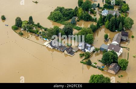Photographie aérienne, crue de la Ruhr, limites de la ville d'Essen-Altenessen, inondation, Dahlhausen,Bochum, région de la Ruhr, Rhénanie-du-Nord-Westphalie, Allemagne Banque D'Images