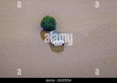 Vue aérienne, inondation de la Ruhr, maison solitaire en inondation, entourée d'eau, inondation, météo, région de la Ruhr,Rhénanie-du-Nord-Westphalie, Allemagne, DE, Europe, oiseaux- Banque D'Images