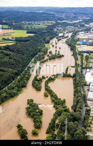 Vue aérienne, inondation de Lenne, Boele, Hagen, région de Ruhr,Rhénanie-du-Nord-Westphalie, Allemagne, DE, Europe, vue panoramique,photographie aérienne, photographie aérienne Banque D'Images