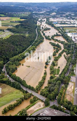 Vue aérienne, inondation de Lenne, Boele, Hagen, région de Ruhr,Rhénanie-du-Nord-Westphalie, Allemagne, DE, Europe, vue panoramique,photographie aérienne, photographie aérienne Banque D'Images