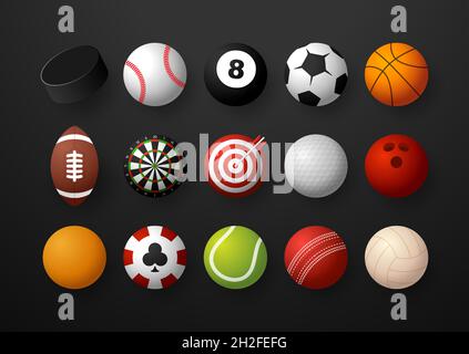Équipement sportif.Ballon de sport réaliste vecteur grand ensemble isolé sur fond noir Illustration de Vecteur