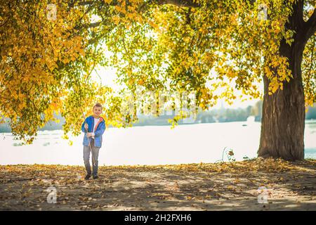 le garçon joue avec le commutateur debout sous une énorme branche d'arbre avec des feuilles d'automne jaunes sur fond de rivière.Paysage d'automne Banque D'Images