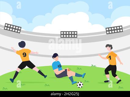 Jouer au football avec l'un des joueurs blessés sur sa jambe lors d'un match sur le terrain et licencié par l'officier.Illustration vectorielle Illustration de Vecteur