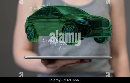 Rendu 3d de l'hologramme Electro-car flottant sur le concept d'e-motion tablette-Electromobilité Banque D'Images