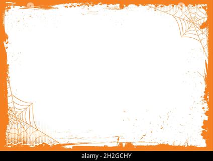 Le fond blanc horizontal Halloween avec bordure orange grunge et toile d'araignée Banque D'Images