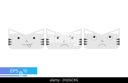 Simple chat ou tigre face avec des émotions, fanny, jaloux, pense.Icône.Isolé sur un fond blanc.Illustration vectorielle plate. Illustration de Vecteur