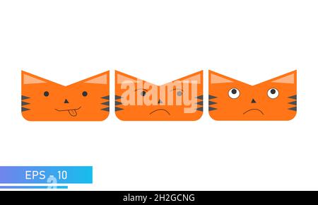 Chat ou tigre visage de couleur orange avec des émotions, fanny, mauvais, pense.Symbole de 2022 ans.Icône.Isolé sur un fond blanc.Vecteur plat Illustration de Vecteur