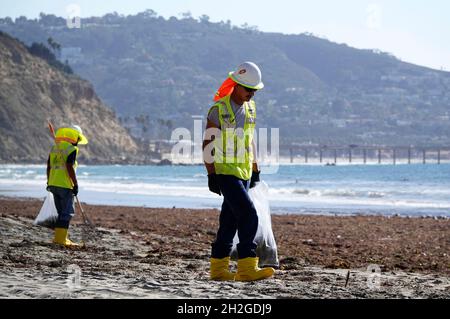 San Diego, Californie, États-Unis.20 octobre 2021.Les membres et les entrepreneurs de la Garde côtière des États-Unis ramassent des boules de goudron sur le sable à la Jolla's Black's Beach à San Diego.Les boules de goudron qui ont lavé le minerai d'un déversement d'hydrocarbures qui s'est produit au large de la côte du comté d'Orange plus tôt dans le mois.(Image de crédit : © K.C.Fil de presse Alfred/ZUMA) Banque D'Images