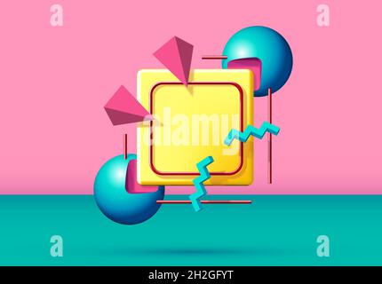 Cadre abstrait de style 90 avec objets et formes 3d volants.Arrière-plan rose et vert. Illustration de Vecteur