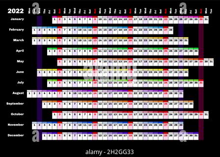Calendrier linéaire noir 2022 avec codage couleur des jours et des mois. Illustration de Vecteur
