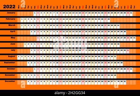 Calendrier linéaire noir 2022 avec codage couleur des jours et des mois. Illustration de Vecteur