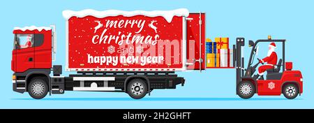 Le Père Noël dans un chariot élévateur avec des boîtes cadeaux et un camion Illustration de Vecteur