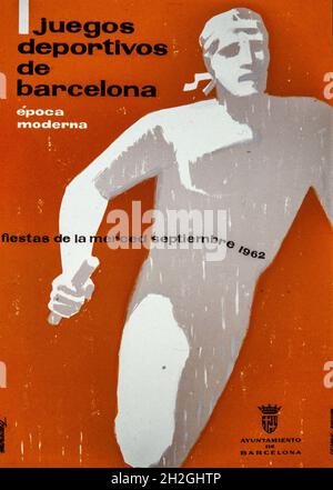 Cartel de Ernest Moradell, 'Juegos Deportivos de Barcelona, Época Moderna, Fiestas de la Merced septiembre 1962'.Colección privada. Banque D'Images