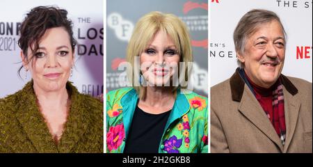 Photos (de gauche à droite) des acteurs Olivia Colman, Joanna Lumley et Stephen Fry qui sont parmi 40 figures de scène, écran, comédie, musique et journalisme d'avoir signé une lettre ouverte à Boris Johnson,L'exhortant à « réfléchir à nouveau » sur les réformes d'asile prévues au Royaume-Uni et à faire davantage pour aider les réfugiés.Date de publication : vendredi 22 octobre 2021. Banque D'Images