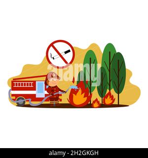 illustration d'un pompier qui éteint un feu de forêt, vecteur isolé sur fond blanc Illustration de Vecteur