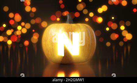 Lettre N sculptée sur la citrouille d'Halloween.illustration 3d avec effet bokeh sur fond. convient aux thèmes de l'halloween, de l'alphabet et des fêtes. Banque D'Images