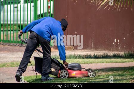 Johannesburg, Afrique du Sud - un homme noir non identifié déplace la pelouse dans une propriété résidentielle Banque D'Images