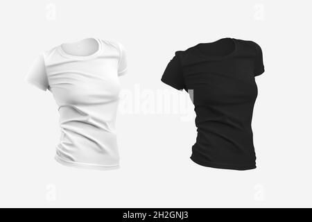 Blanc, modèle de t-shirt noir, rendu 3D, vêtements de mode vierges pour la présentation de design, publicité en ligne.Maquette du sport stylisé pour femme Banque D'Images