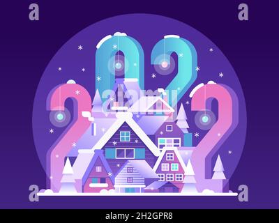 Bonne scène du nouvel an 2022 avec Snow Village Illustration de Vecteur